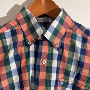 SOUTHERN TIDE MENS 5 BUTTON DOWN classic fit size 5 plaid peach green white blue